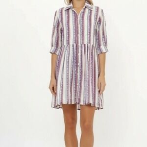 OLIPHANT Long Sleeve Shirt Dress Mini Haveli Peri Print Cotton XL Vacation Beach
